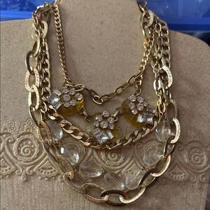 NWT 4 layer Unique Gold and Crystal layered necklace women’s connected 13.5”